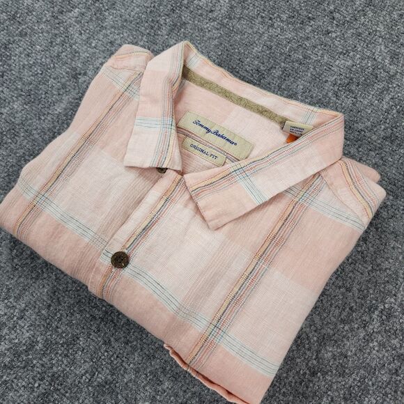 Tommy Bahama Shirt Mens XL Plaid Linen Camp Loop Collar Coconut Buttons Sur Mer - Picture 15 of 16